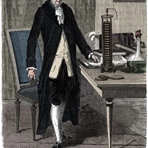 Alessandro Volta, Italian physicist, demonstrating his electric pile (battery), c1800 (c1870)