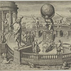 Allegory of the Twelve Labors of Hercules Statues in a Circular Garde... mid 16th-mid 17th century. Creator: Matthaeus Greuter