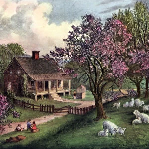 American Homestead in Spring, 1869. Artist: Currier and Ives