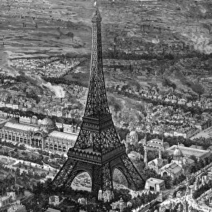 Bird s-eye view of the Eiffel Tower at the time of the opening of the Paris Exposition of 1889