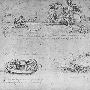 A Chariot Armed with Scythes, Two Drawings of a Sort of Tank and a Partisan, c1480 (1945). Artist: Leonardo da Vinci