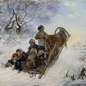 Children on a horse drawn sleigh, 1870. Artist: Pelevin, Ivan Andreyevich (1840-1917)