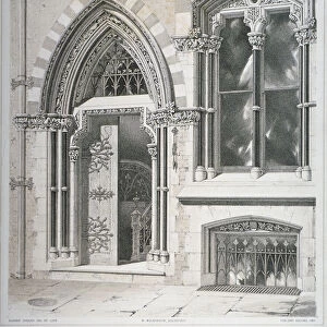 The doorway and lower windows of Crosby Hall at no 95 Bishopsgate, City of London, 1860