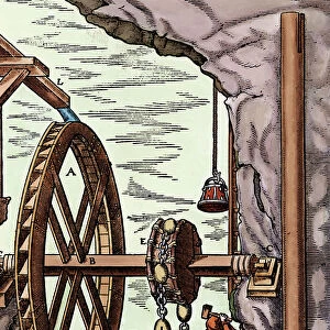 A mine being drained by a rag-and-chain pump powered by an overshot water wheel, 1556