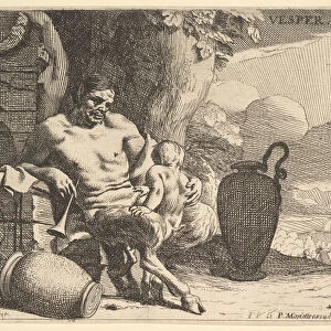Evening: a seated satyr clasps his child, a figure hangs a garland on a pier beyond, f