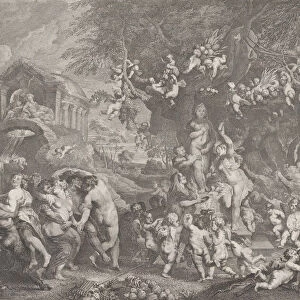 The Feast of Venus, with groups of satyrs, nymphs, and putti dancing around a statue of