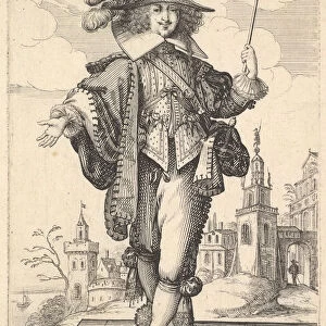 A gentleman walking forward, with his right arm outstretched and a whip in his left hand