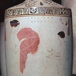 Detail of a Greek lekythos showing a mistress and maid, 5th century BC