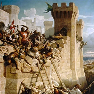 Guillaume de Clermont defending the walls at the Siege of Acre, 1291. Artist: Papety, Dominique (1815-1849)