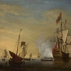 Harbor Scene: An English Ship with Sails Loosened Firing a Gun. Creator: Peter Monamy