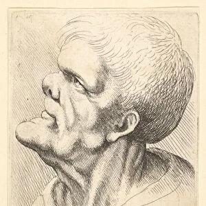 Head of a man with protruding chin and snub nose looking upwards in profile to left