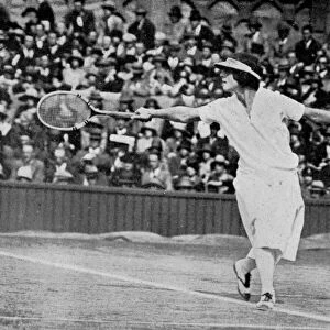 Helen Wills playing her first Wimbledon final against Kathleen McKane, 1924. Artist: Tropical Press