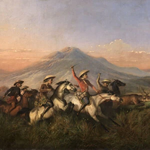 Six Horsemen Chasing Deer, 1860. Creator: Raden Saleh
