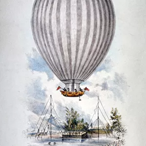 Hot air balloon ascending over Surrey Zoological Gardens, Southwark, London, 1838