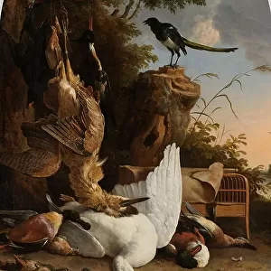 A Hunter's Bag near a Tree Stump with a Magpie, Known as ‘The Contemplative Magpie, c.1678. Creator: Melchior d'Hondecoeter