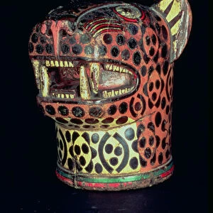 Kero or carved wood vase, jaguar head shaped, in polychromed wood