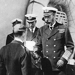 King George V knights Vice-Admiral Pakenham aboard HMS Princess Royal, c1930s