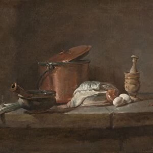 Kitchen Utensils with Leeks, Fish, and Eggs, c. 1734. Creator: Jean-Simeon Chardin (French
