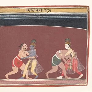 Krishna and Balarama Fight the Evil King Kamsas Wrestlers... ca. 1650. Creator: Unknown