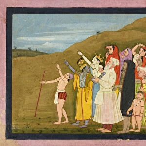 Krishna and his family admire a solar eclipse, perhaps a page from the "
