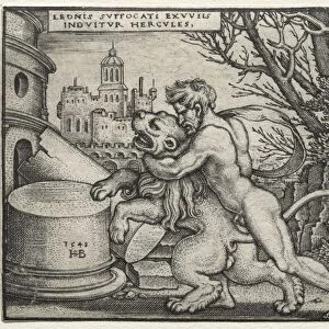The Labors of Hercules: Hercules Strangling the Nemean Lion, 1548. Creator: Hans Sebald Beham