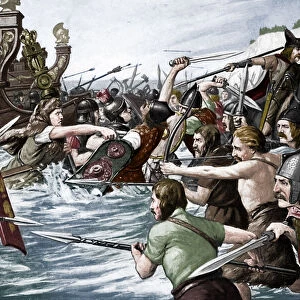 The landing of Julius Caesar in Britain, 55 BC, (c1920s). Artist: Richard Caton Woodville II