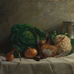Still Life with Vegetables, Partridge, and a Jug, 1858. Creator: Adolphe-Felix Cals (French