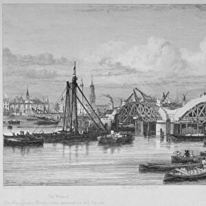 London Bridge under construction, 1827. Artist: George Cooke