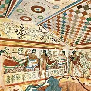 Mural painting in the Leopards Tomb (Tomba dei Leopardi) at Tarquinia, Italy, (1928)