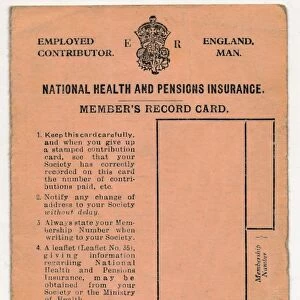 National Health and Pensions Insurance Card: Members Record Card, c1930s