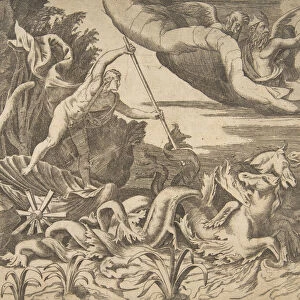 Neptune in his Chariot being drawn by seahorses, from the Division of the Universe, 1