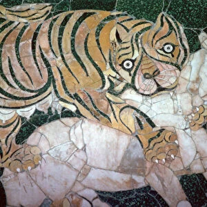 Opus sectile mosaic of a tiger seizing a calf, 4th century