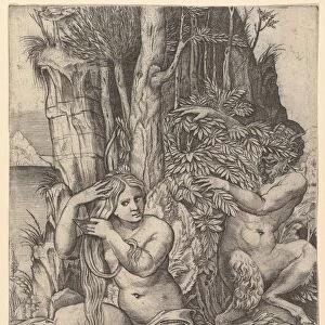 Pan spying on the nymph Syrinx who is seated on a rock, combing her hair, ca. 1516-20
