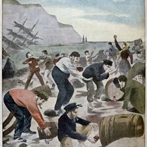 People salvaging items from a shipwreck on the Isle of Wright, 1902