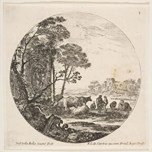 Plate 4: a Corinthian capital on the ground at left, a monument with figures in low re