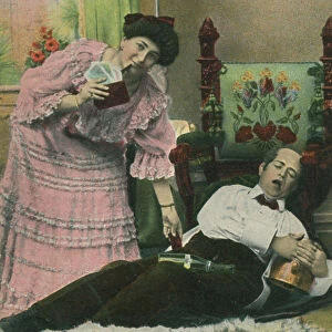 A postcard of a wife taking her drunk husbands money