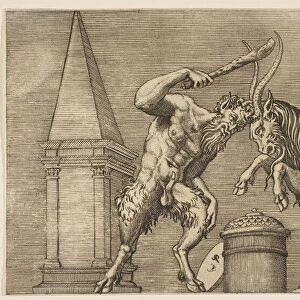 A satyr and a ram attacking each other, the satyr wielding a club with his right ha