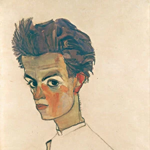 Self-Portrait with Striped Shirt, 1910. Artist: Schiele, Egon (1890?1918)