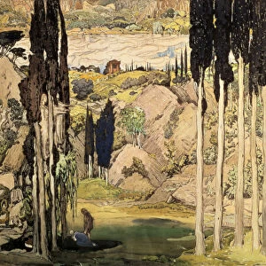 Set design for Act II of a Ballet Russes production of Ravels Daphnis and Chloe, 1912. Artist: Leon Bakst