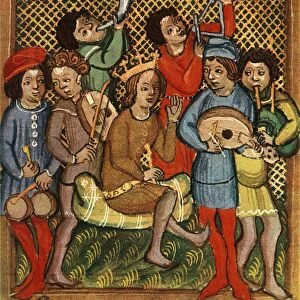 Small drums, fiddle, horn, triangle lute and bagpipes; Olomouc Bible, 1417, 1948