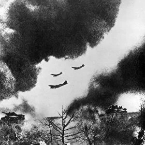 Soviet tanks and aircraft launching an attack, Russia, 1943