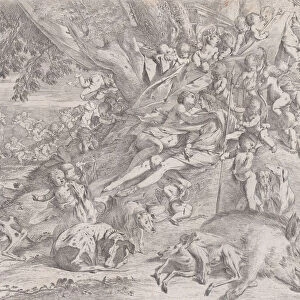 Venus and Adonis, surrounded by many putti, reclining after the hunt, with a dead boar