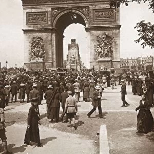 Victory celebration, civilians at the Arc de Triomphe, Paris, France, July 1919