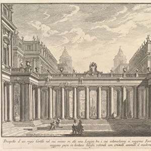 View of a courtyard with a loggia, fountains, statues, and other ornaments (Prospetto