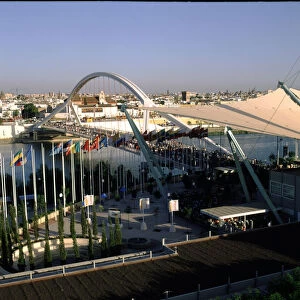 View of the entrance by the Barqueta bridge in the Universal Exhibition of Seville in 1992