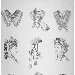 Nine vignettes of collars, hats and bodices, 1872