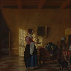Woman with a Water Pitcher, and a Man by a Bed, ca. 1667-70. Creator: Pieter de Hooch