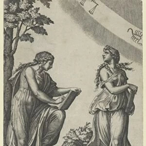 Two women of the zodiac standing beneath the signs of Libra and Scorpio, ca. 1517-20 Creator: Marcantonio Raimondi