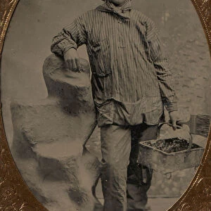 Workman Holding Brush and Rectangular Tray, Arm Resting on Fake Rock, 1860s-80s