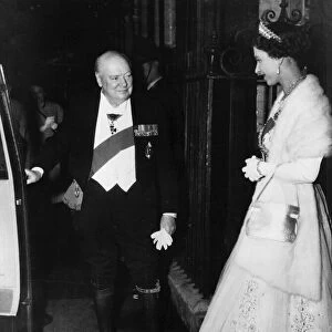Winston Churchill with Queen Elizabeth after she had been to dinner at 10 Downing street 1955